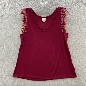 A New Day Women's Size S Red Burgundy Pom Pom Top Shirt Preppy Knit Sleeveless